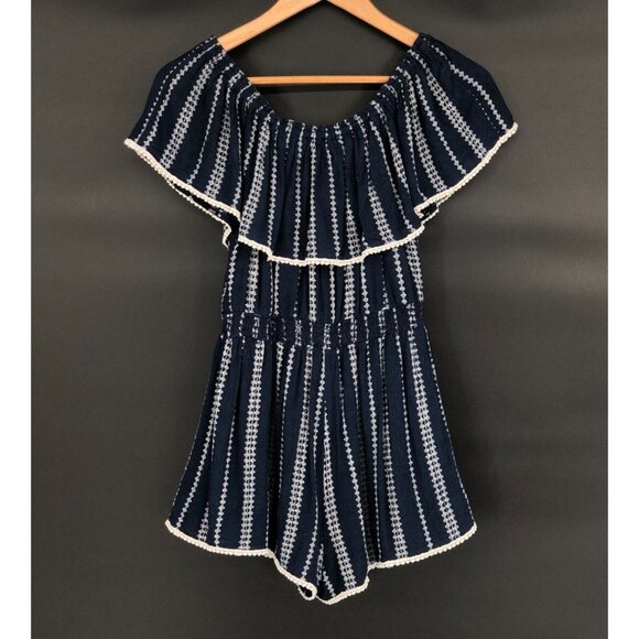 Lulu's Women's Off Shoulder Romper S Navy White Party Festival Summer Ruffle - Picture 1 of 8